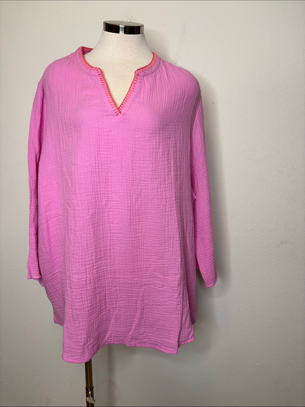 Belle by Kim Gravel Pink Gauze V-Neck Tunic with Contrast Trim